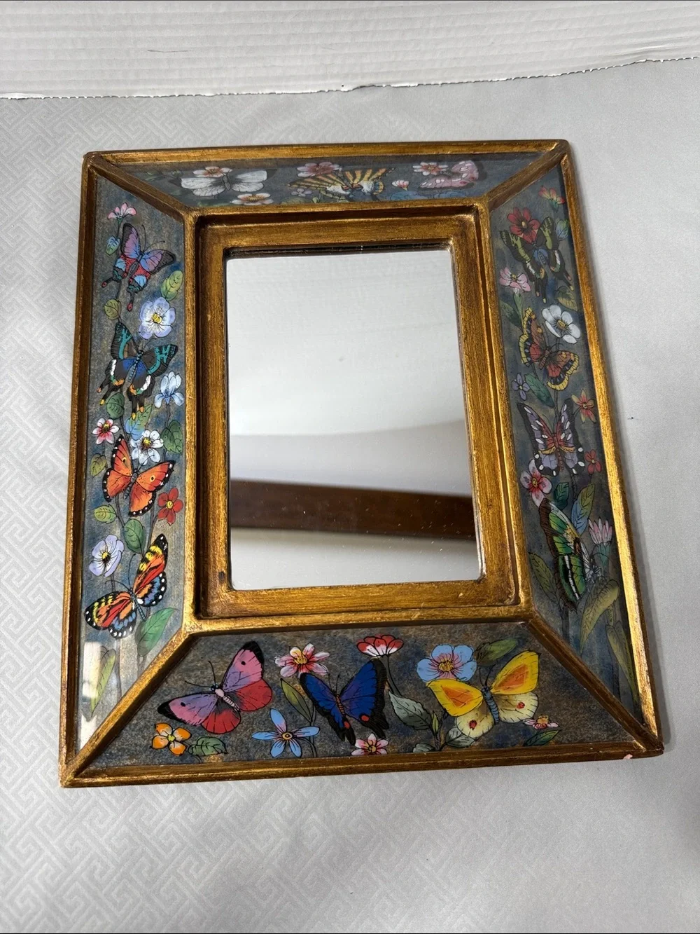 Vtg Peruvian Reverse Painted Mirror Vibrant Color Intricate Floral & Butterflies